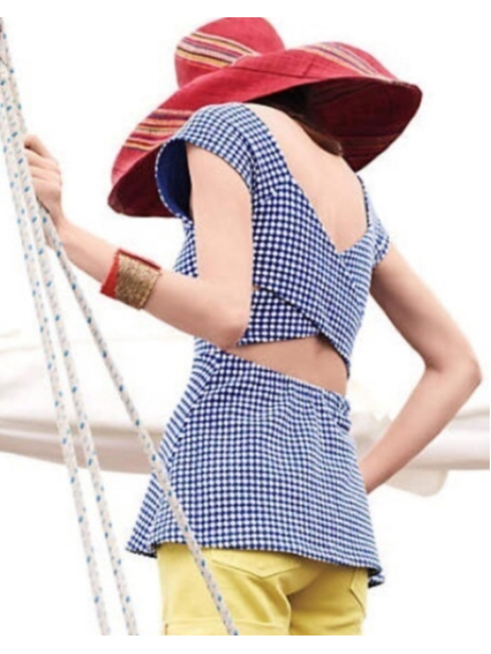 Anthropologie Deletta Blue/White Geo Gingham Check Peplum Cross Back Top XS